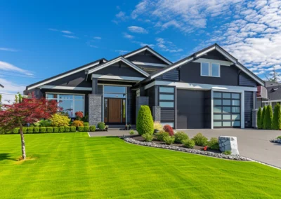 Real Estate Exterior Front House on a sunny day. Big modern custom made luxury house with nicely