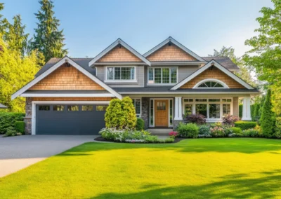 This charming large house showcases an expansive lawn and beautiful landscaping. Ideal for serene residential living, it features modern design elements and inviting outdoor space.