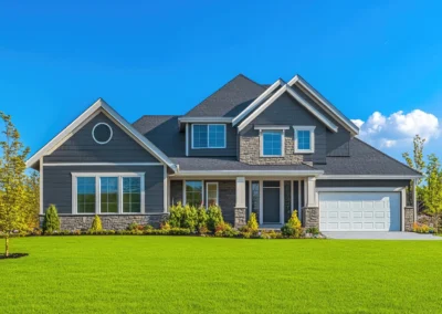Residential house with a green lawn and blue sky, leaving room for text in the background.