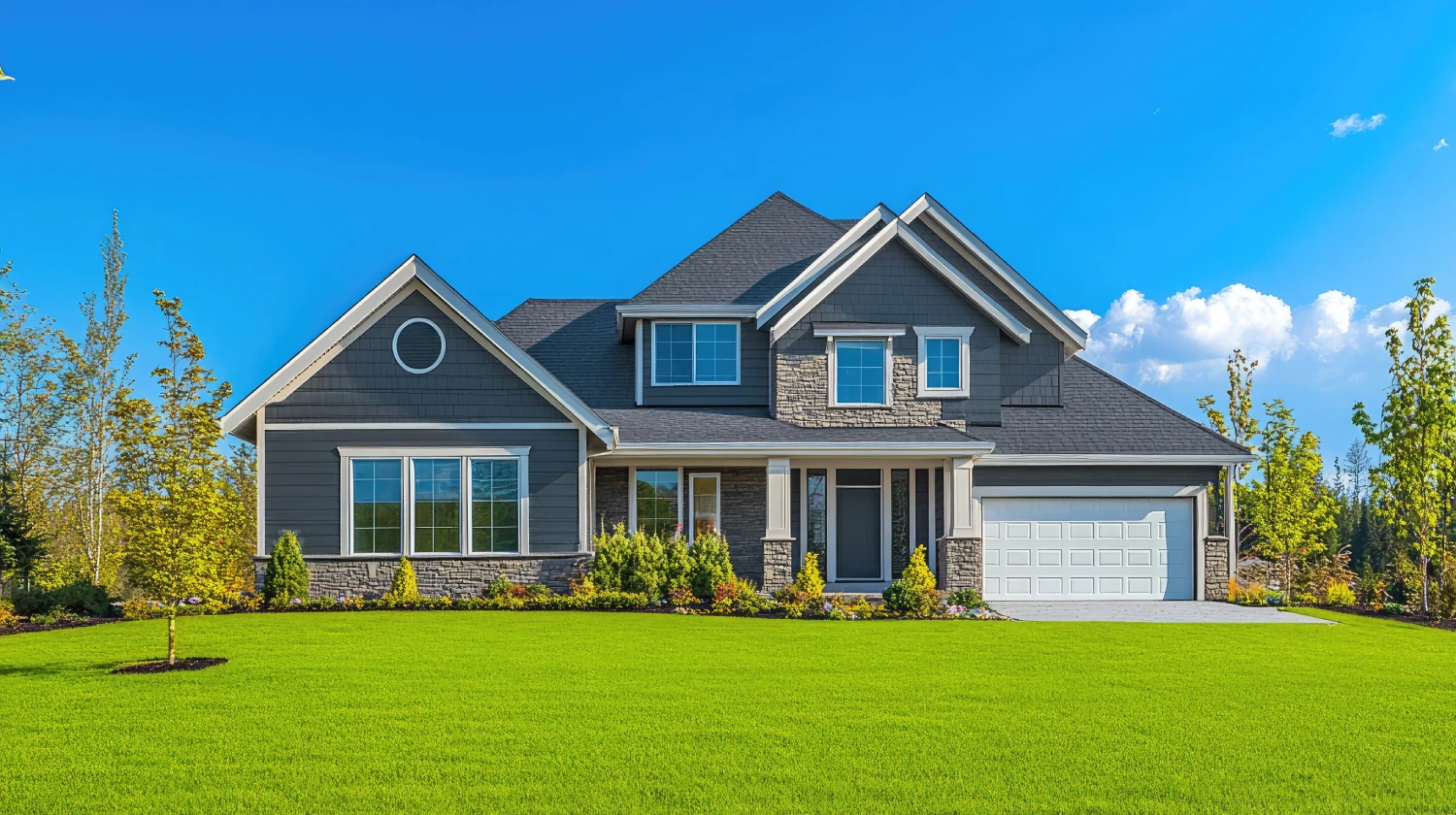 Residential house with a green lawn and blue sky, leaving room for text in the background.
