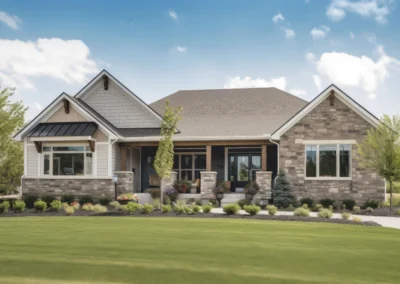 ranch house exterior with stone or brick facade, wrap-around porch and natural greenery, created with generative ai