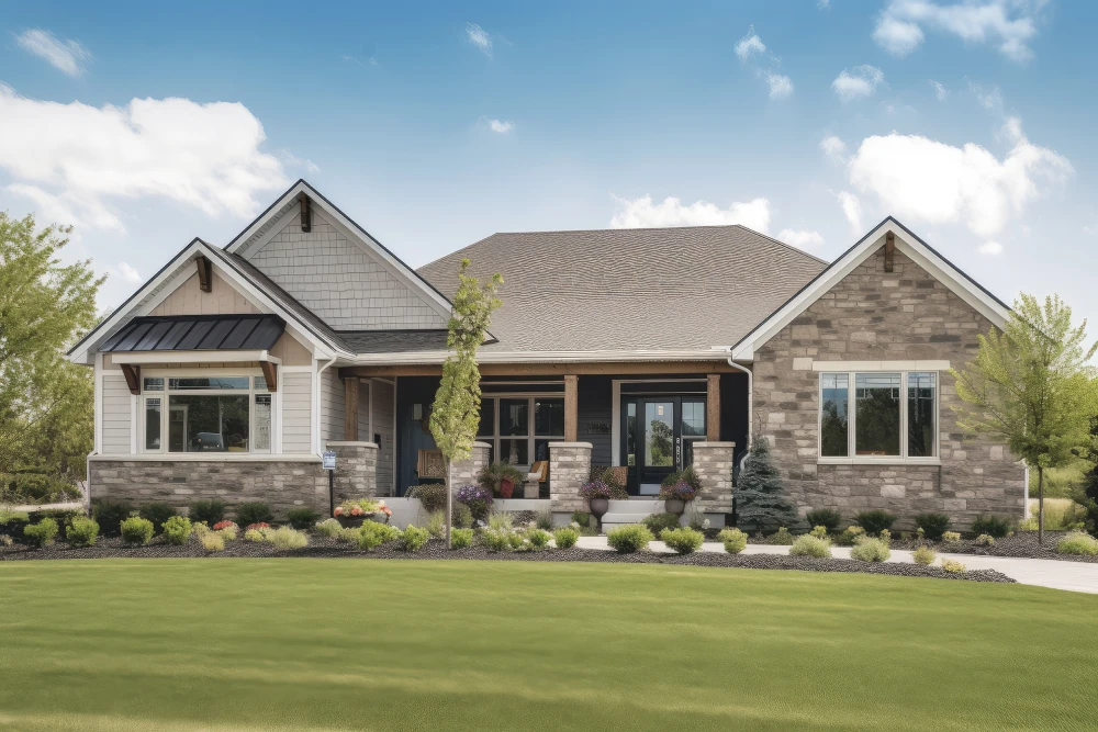 ranch house exterior with stone or brick facade, wrap-around porch and natural greenery, created with generative ai